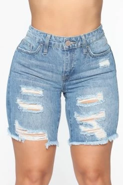 Fashion Nova The Mixer Distressed Denim Bermudas - Medium Blue Wash Shorts