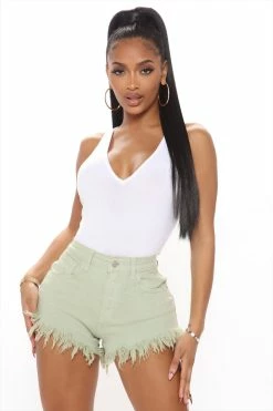 Fashion Nova Only Good Energy Frayed Denim Shorts - Sage