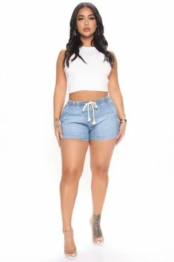 Fashion Nova Free And Easy Denim Jogger Shorts - Medium Blue Wash