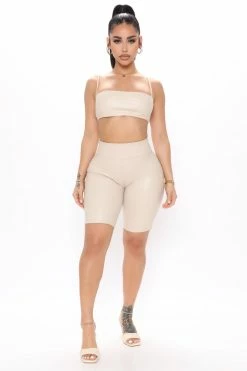 Fashion Nova Let's Play Faux Leather Biker Shorts - Cream