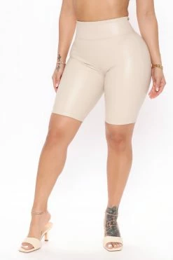 Fashion Nova Let's Play Faux Leather Biker Shorts - Cream