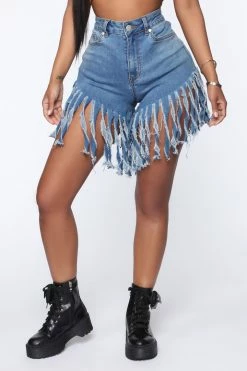 Fashion Nova Can't Catch Me Fringe Denim Shorts - Medium Blue Wash