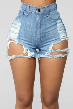 Fashion Nova Nowhere To Run Distressed Shorts - Medium Blue Wash