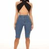 Fashion Nova Lace Up Denim Biker Shorts - Medium Blue Wash