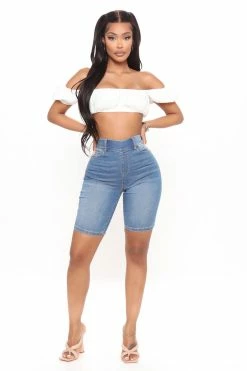 Fashion Nova Raine Super Stretch Pull On Biker Shorts - Medium Blue Wash