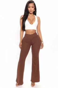 Fashion Nova Opposites Attract Ribbed Flare Pant - Chocolate Pants