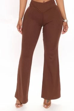Fashion Nova Opposites Attract Ribbed Flare Pant - Chocolate Pants