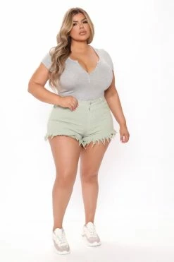 Fashion Nova Only Good Energy Frayed Denim Shorts - Sage