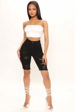 Fashion Nova Dirty Little Secret Distressed Bermuda Shorts - Black
