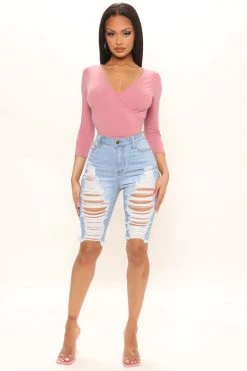 Fashion Nova Distressed With Love Bermuda Shorts - Light Blue Wash