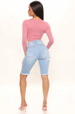 Fashion Nova Distressed With Love Bermuda Shorts - Light Blue Wash