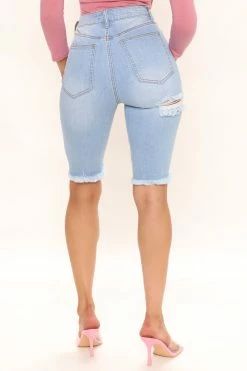 Fashion Nova Distressed With Love Bermuda Shorts - Light Blue Wash