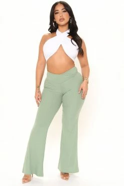 Fashion Nova Opposites Attract Ribbed Flare Pant - Sage Pants