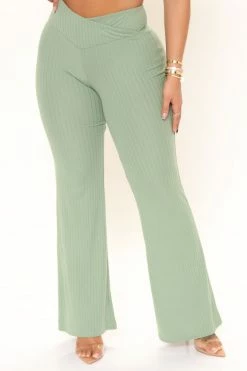 Fashion Nova Opposites Attract Ribbed Flare Pant - Sage Pants