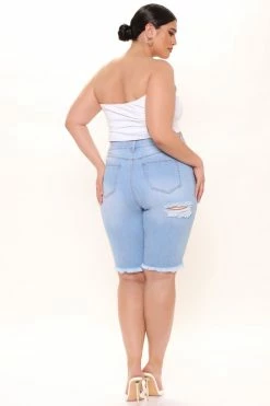 Fashion Nova Distressed With Love Bermuda Shorts - Light Blue Wash