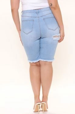 Fashion Nova Distressed With Love Bermuda Shorts - Light Blue Wash
