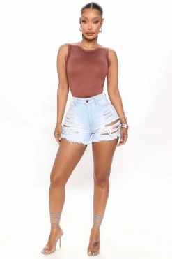 Fashion Nova Nowhere To Run Distressed Shorts - Light Blue Wash
