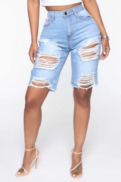 Fashion Nova Victory Is Mine Denim Long Line Shorts - Light Blue Wash