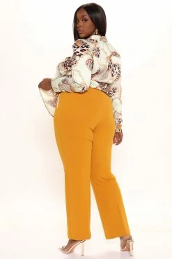 Fashion Nova Celine Belted Wide Leg Pant - Mustard Pants