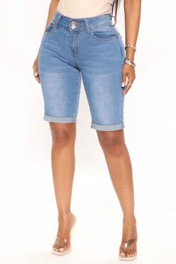 Fashion Nova One And Only Stretch Bermuda Shorts - Light Blue Wash