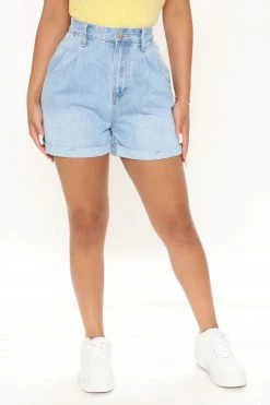 Fashion Nova Kathleen Stretch Roll Cuff Denim Shorts - Light Blue Wash