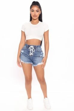 Fashion Nova Up And At 'Em Lace Up Denim Shorts - Medium Blue Wash