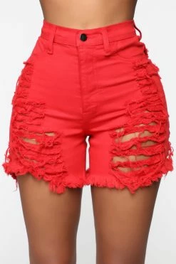 Fashion Nova Yes Now Distressed Bermuda Shorts - Red