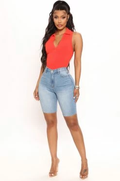 Fashion Nova Cammie Stretch Denim Bermudas - Light Blue Wash Shorts