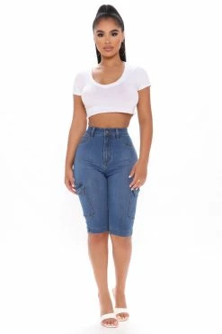 Fashion Nova On A New Level Cargo Denim Shorts - Medium Blue Wash