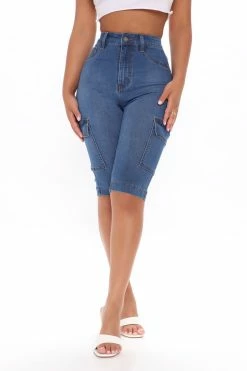 Fashion Nova On A New Level Cargo Denim Shorts - Medium Blue Wash