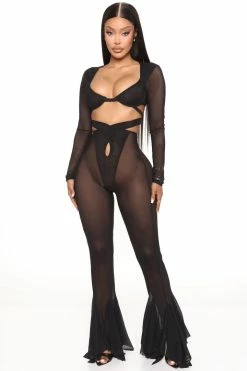 Fashion Nova Liliana Mesh Wide Leg Pant - Black Pants