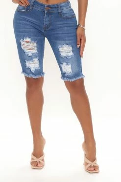 Fashion Nova City Slicker Distressed Denim Bermuda Shorts - Medium Blue Wash