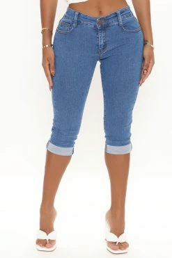 Fashion Nova San Diego Stretch Denim Knee Shorts - Medium Blue Wash