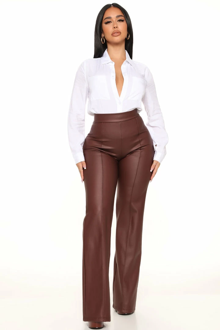 Hot Sale ✔️ Fashion Nova Victoria High Waisted 👗 Dress Pants Faux Leather 35 - Brown ✨ 3 Fashion Nova Victoria High Waisted Dress Pants Faux Leather 35 - Brown