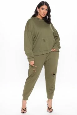 Fashion Nova Step Your Game Up Distressed Lounge Joggers - Olive Pants