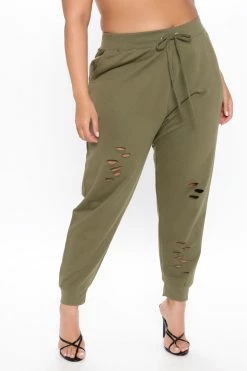 Fashion Nova Step Your Game Up Distressed Lounge Joggers - Olive Pants