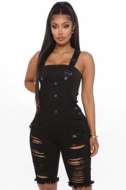 Fashion Nova Shorts Sophie Distressed Shortalls - Black