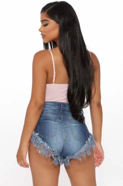 Fashion Nova Crazy Little Fringe Distressed Denim Shorts - Medium Blue Wash