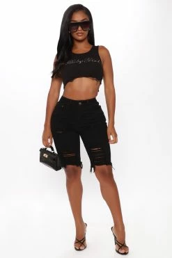 Fashion Nova Haley Denim Bermuda Shorts - Black
