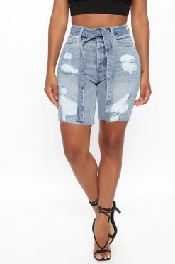 Fashion Nova Shorts A Vision In Blue Belted Denim Bermudas - Light Blue Wash
