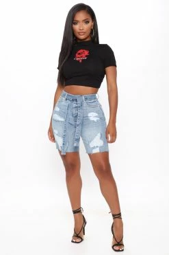Fashion Nova Shorts A Vision In Blue Belted Denim Bermudas - Light Blue Wash