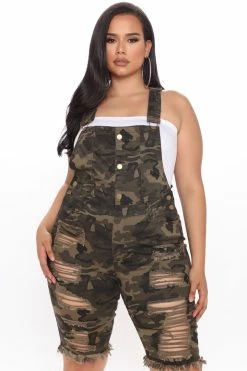 Fashion Nova Sophie Distressed Shortalls - Camouflage Shorts