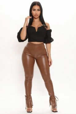 Fashion Nova Tie Me Down Faux Leather Pants - Chocolate