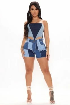 Fashion Nova Piece Of Art Patchwork Denim Shorts - Blue/combo