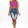 Fashion Nova Distressed About It Denim Knee Shorts - Medium Blue Wash