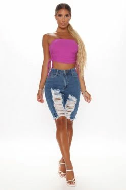 Fashion Nova Distressed About It Denim Knee Shorts - Medium Blue Wash