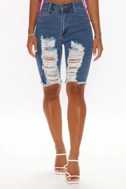 Fashion Nova Distressed About It Denim Knee Shorts - Medium Blue Wash