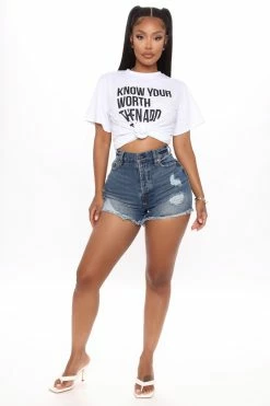 Fashion Nova Decades Ago Distressed Denim Shorts - Medium Blue Wash