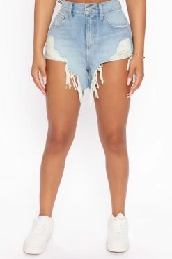 Fashion Nova Finally Free Shredded Non Stretch Denim Shorts - Light Blue Wash