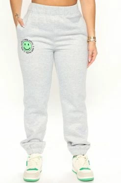 Fashion Nova 1 800 Smile Happy Face Sweatpants - Heather Grey